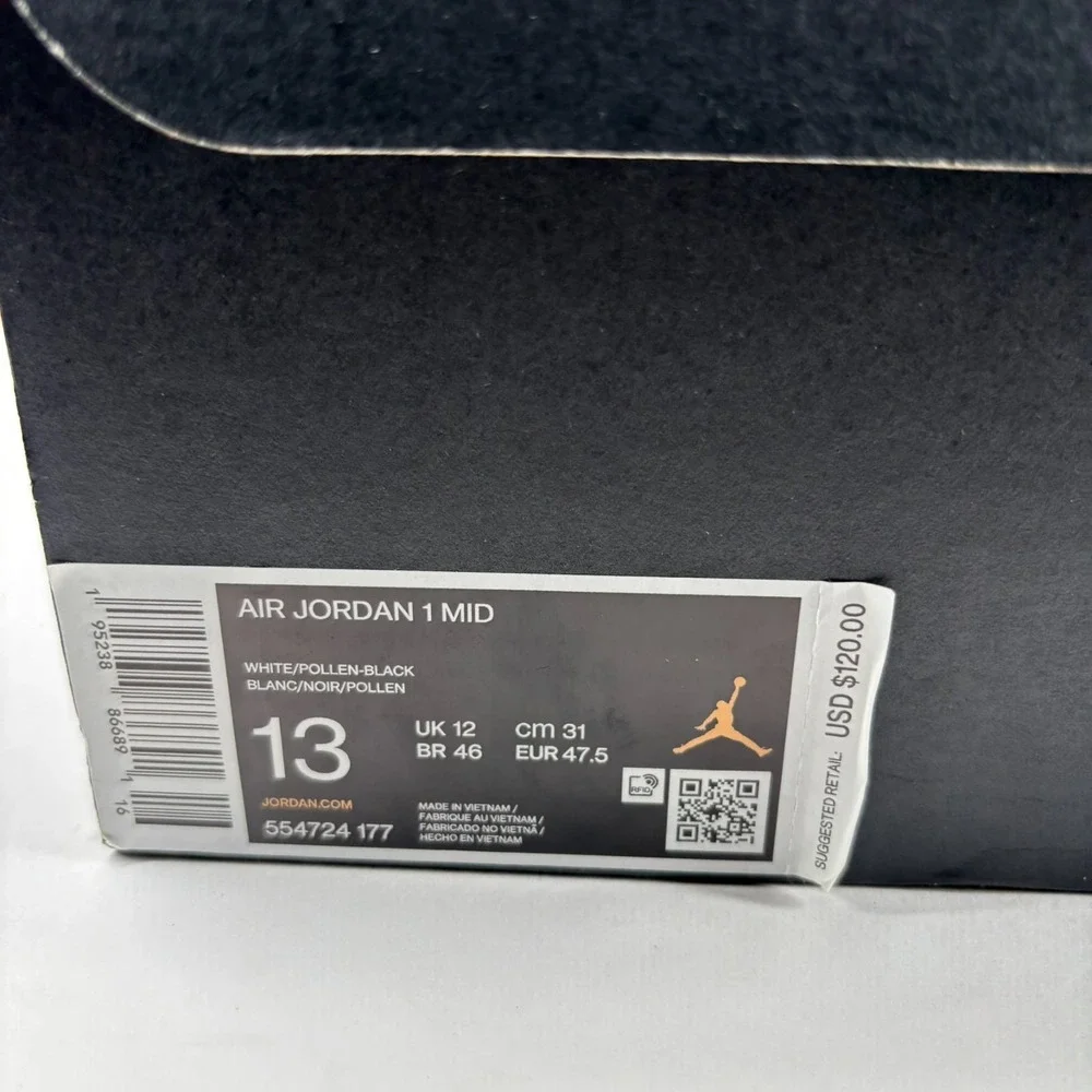 Air Jordan 1 Mid White/Pollen Black Men's US 13 University Gold Shoes 554724-177